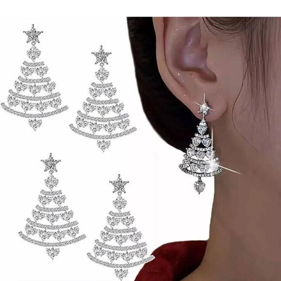 Silver Rhinestone Christmas Tree Heart Star Dangle Drop Earrings - Picture 8 of 8